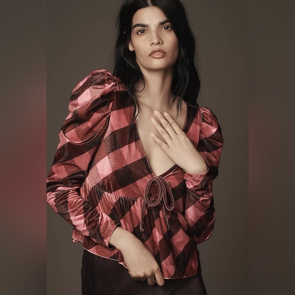 Anthropologie Tops - Anthropologie Maeve Velvet Babydoll Top Red Pink Puff Sleeve Large